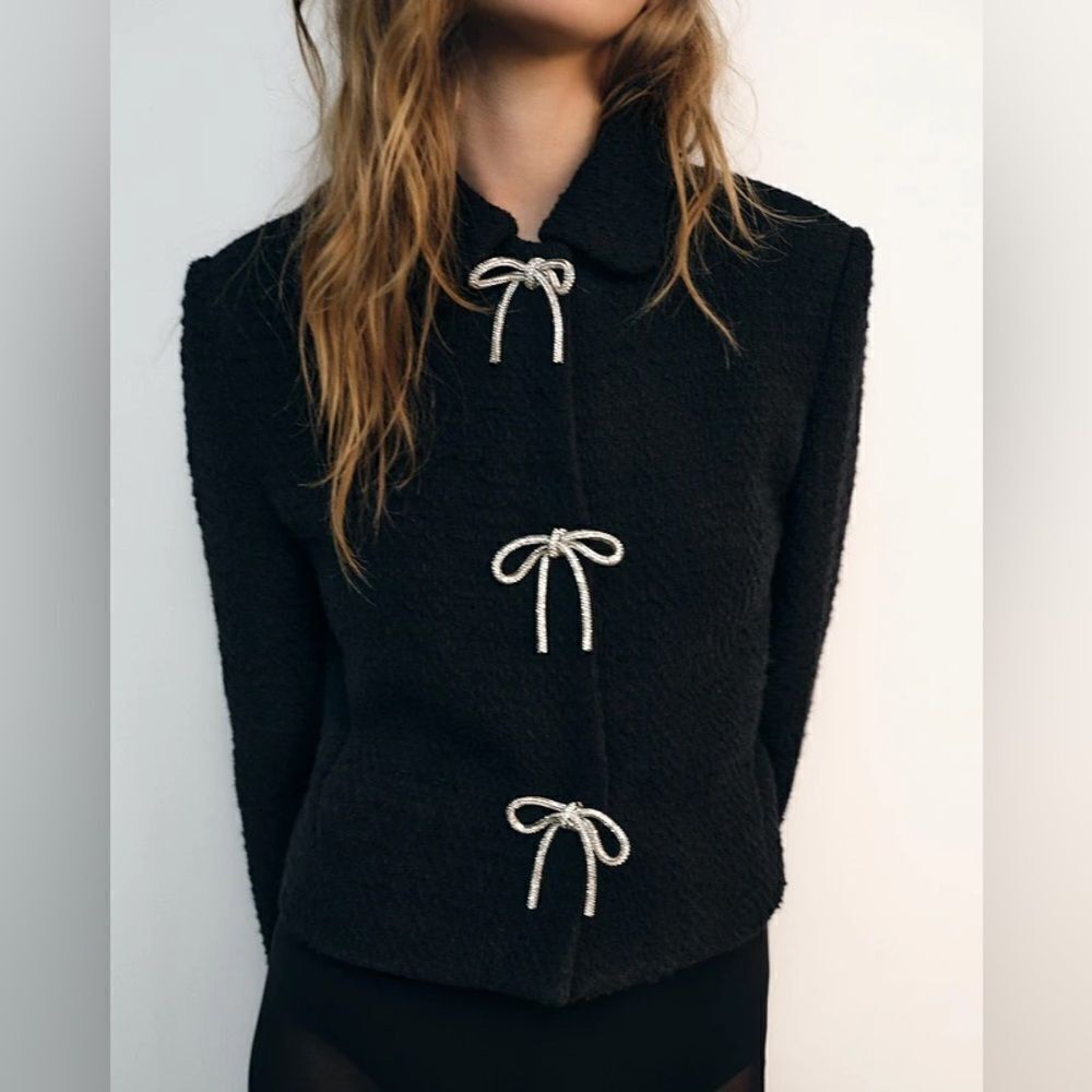 ZARA BOW BUTTON TEXTURED JACKET